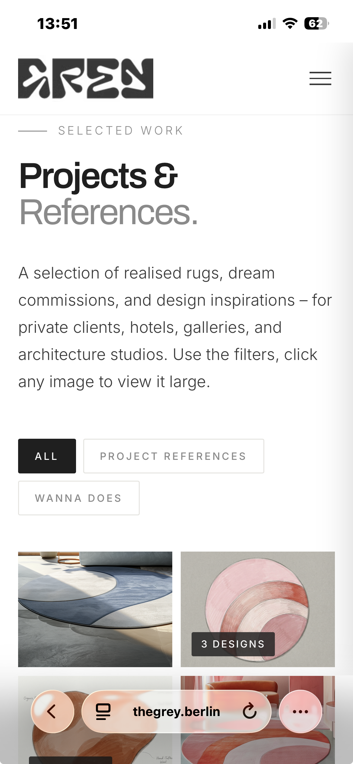 thegrey.berlin mobile view with gallery and category filter